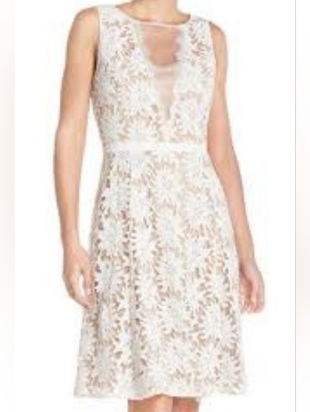 Adrianna Papell White Floral Lace Fit & Flare Sleeveless Dress, Nude Lining, S:4